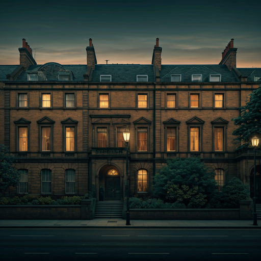 A luxury Victorian townhouse exterior in Birmingham at dusk
